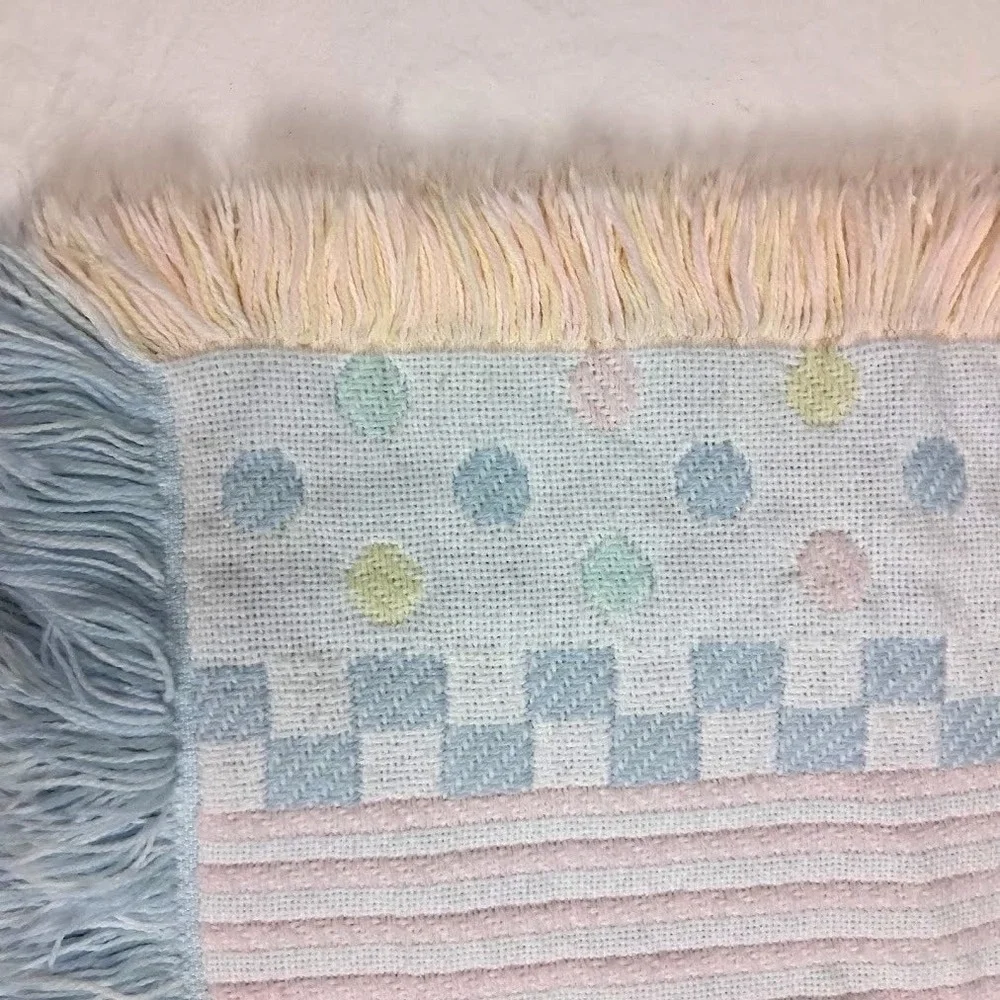 Vintage Pastel Woven Baby Throw Blanket Fringe Dots Foot Prints Feet Unisex